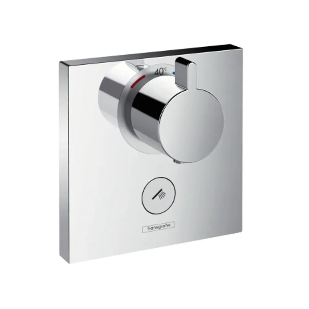 Thermostat von Hansgrohe mit einem Drehknopf zur Temperaturregulierung, einem zusätzlichen Anschluss und einem minimalistischen, verchromten Design.